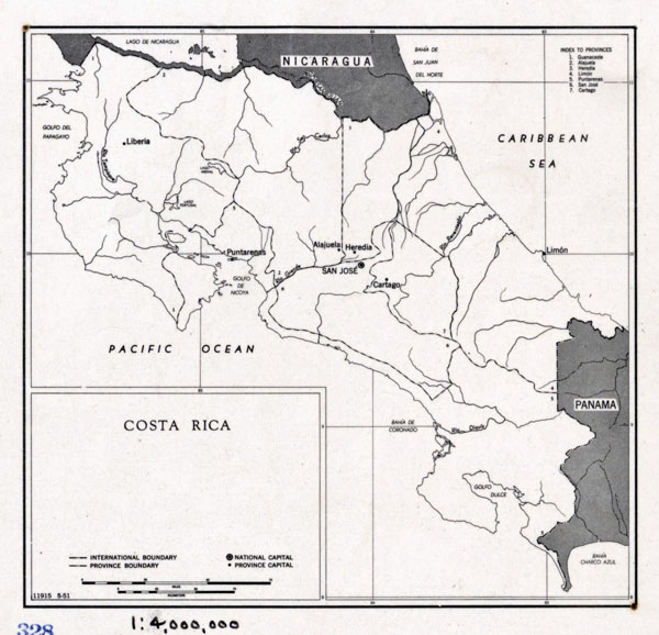 Costa Rica large political map - 1951. Large political map of Costa Rica - 1951.