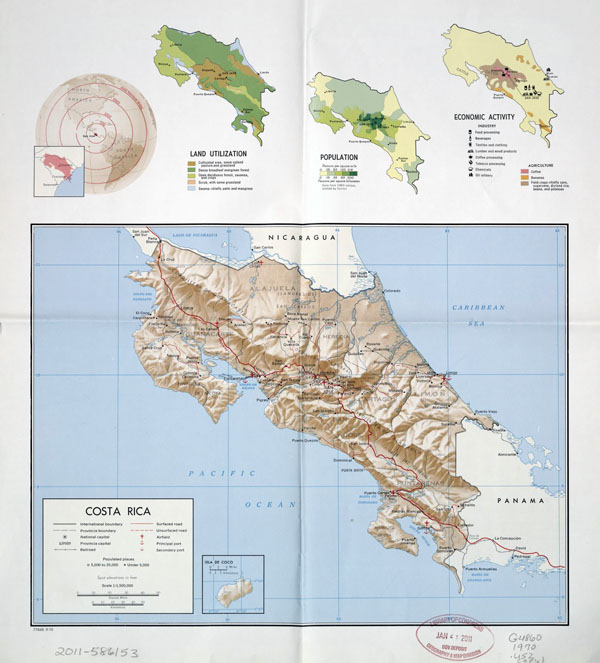 Large political map of Costa Rica with relief, administrative divisions, roads, major cities, airports and seaports - 1970.