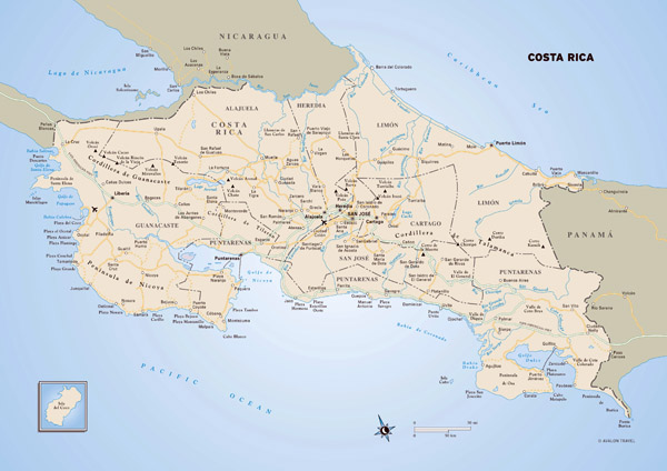 Large political map of Costa Rica with roads, major cities and airports.