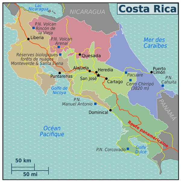 Large regions map of Costa Rica. Costa Rica large regions map.