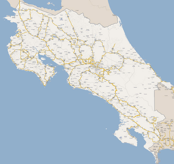 Costa Rica large road map with all cities. Road map of Costa Rica.