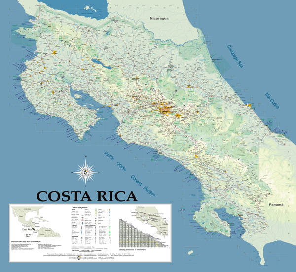 Large scale detailed tourist map of Costa Rica with all cities, roads, airports, seaports and other marks.