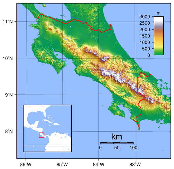 Large topographical map of Costa Rica. Costa Rica large topographical map.