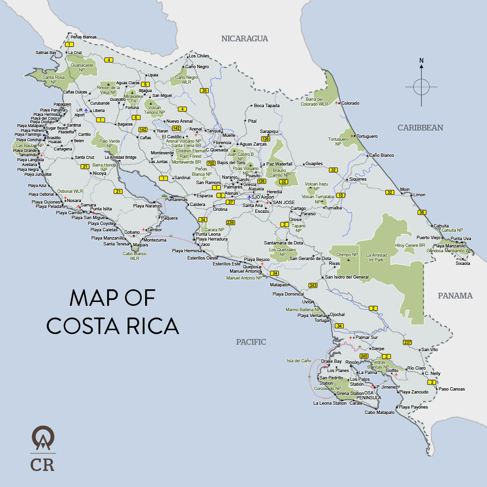 Map Showing Costa Rica  Map of Atlantic Ocean Area