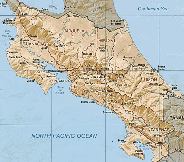 Relief and administrative map of Costa Rica.