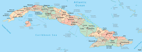 Detailed administrative and road map of Cuba.