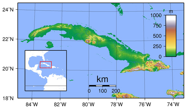 Detailed physical map of Cuba. Cuba detailed physical map.