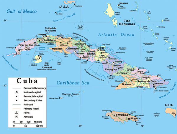 Detailed political and road map of Cuba.