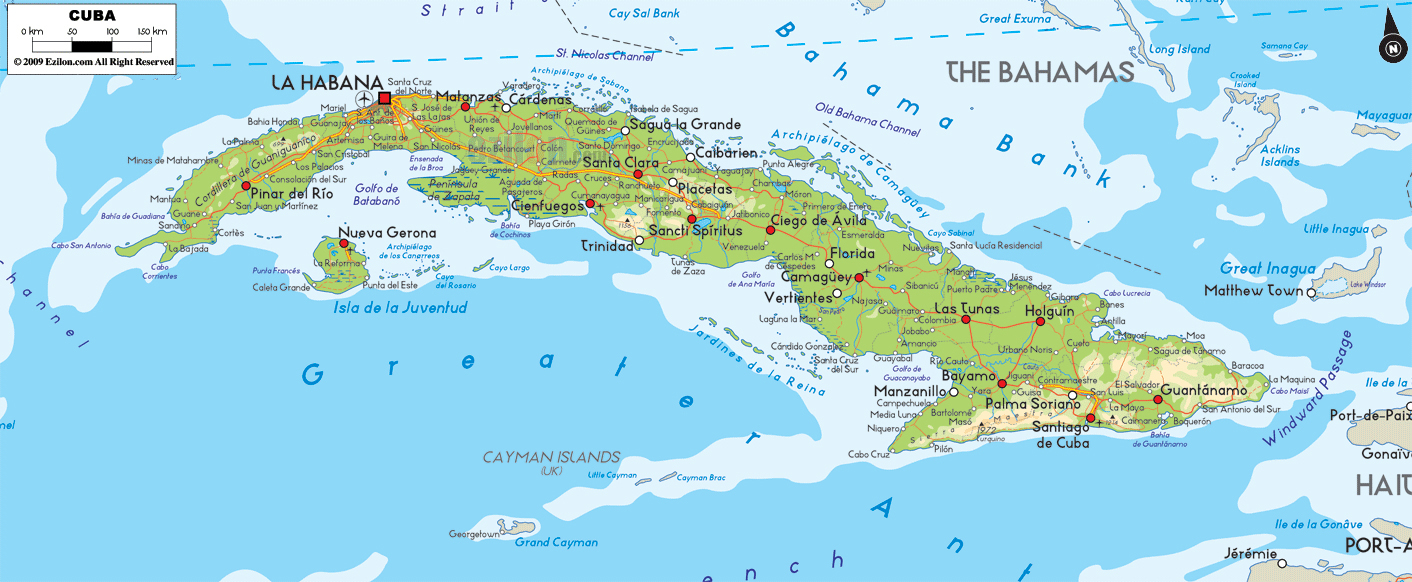 Large detailed physical map of Cuba with cities and roads. Cuba large