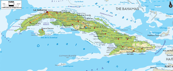 Large detailed physical map of Cuba with cities and roads.