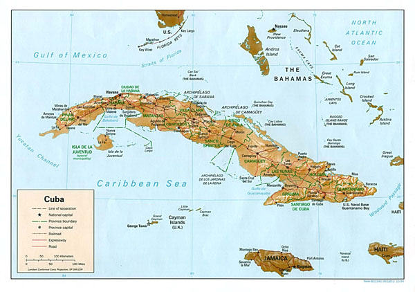 Large detailed relief and political map of Cuba.