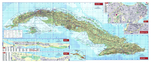 Large detailed relief and road map of Cuba with all cities, airports and other facilities.