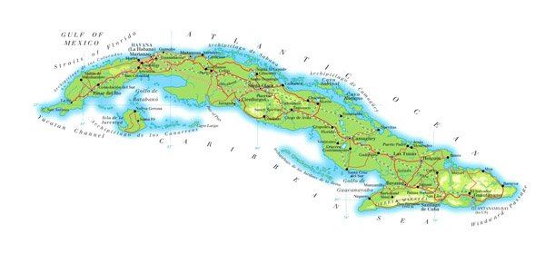 Large detailed road and physical map of Cuba.