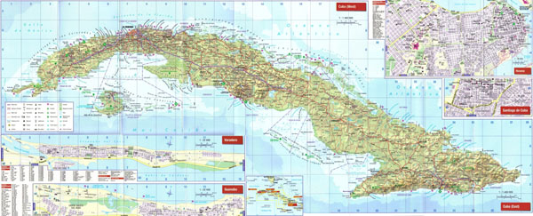 Large detailed road map of Cuba with cities and airports.