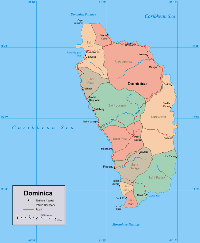 Large detailed administrative map of Dominica island.