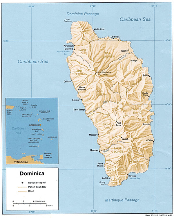 Large detailed relief and administrative map of Dominica.