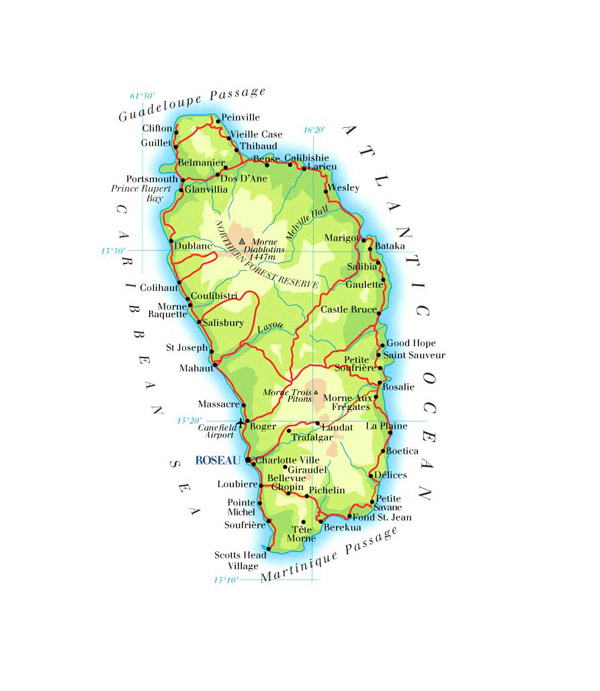 Large detailed road and physical map of Dominica.