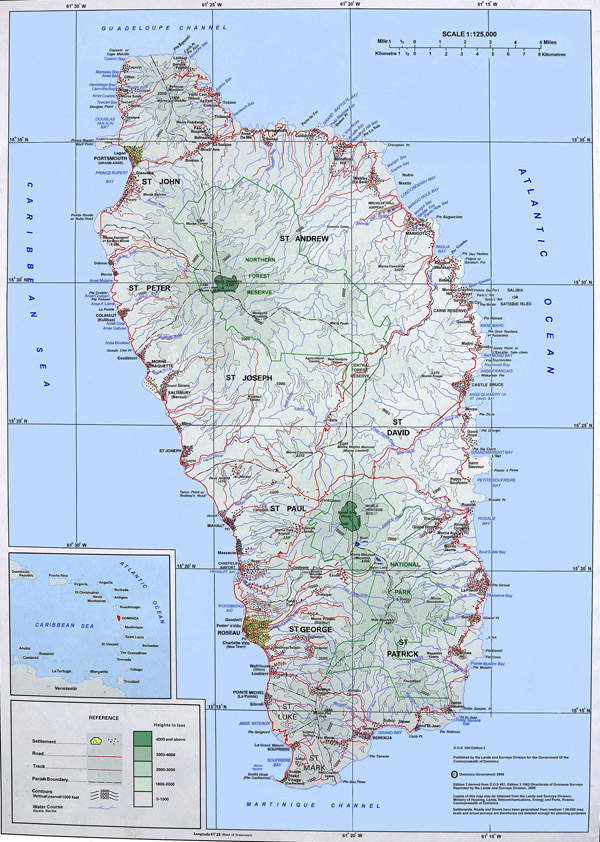 Large detailed topographical map of Dominica island.