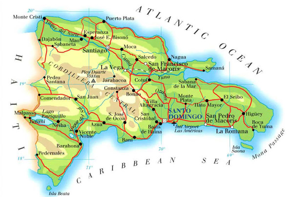 Detailed road and physical map of Dominican Republic.