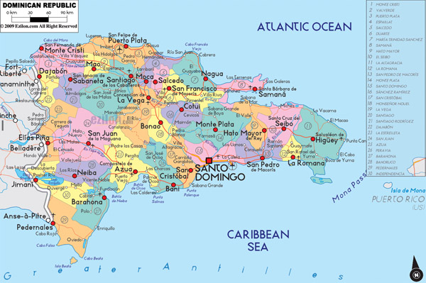 Large detailed administrative and political map of Dominican Republic.