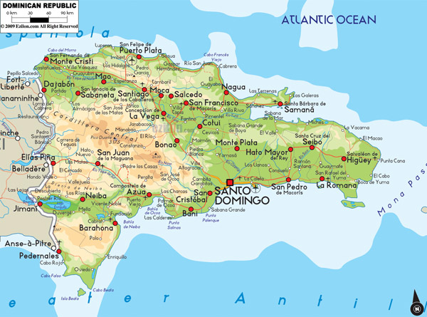 Large detailed physical and road map of Dominican Republic.