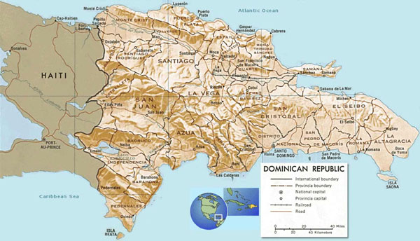 Large detailed political and relief map of Dominican Republic.
