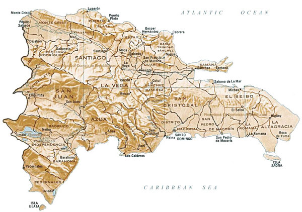 Large detailed relief and administrative map of Dominican Republic.