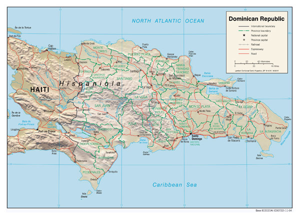 Large detailed relief and road map of Dominican Republic.