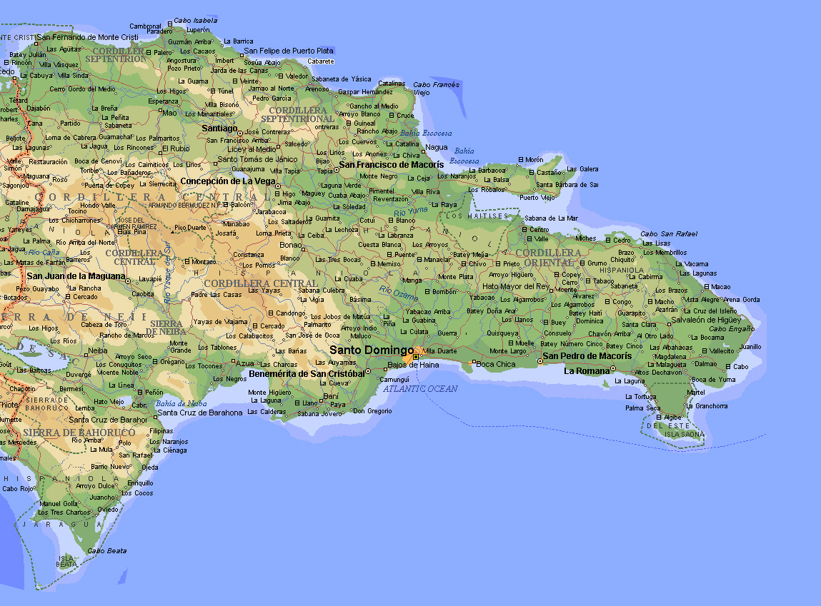 Large detailed topographical map of Dominican Republic with cities