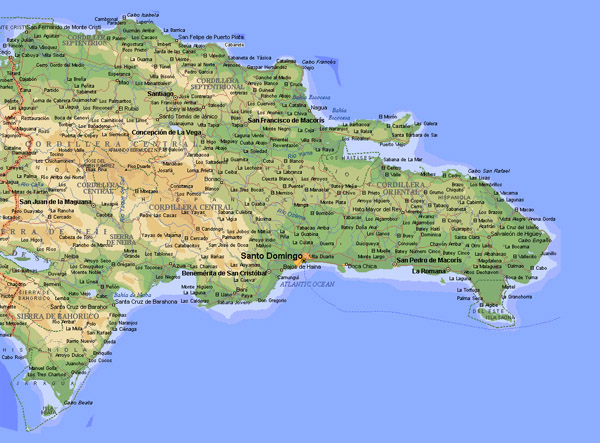 Large detailed topographical map of Dominican Republic with cities.
