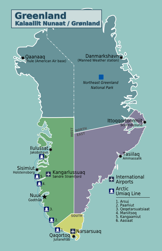 Detailed political map of Greenland. Greenland detailed political map.