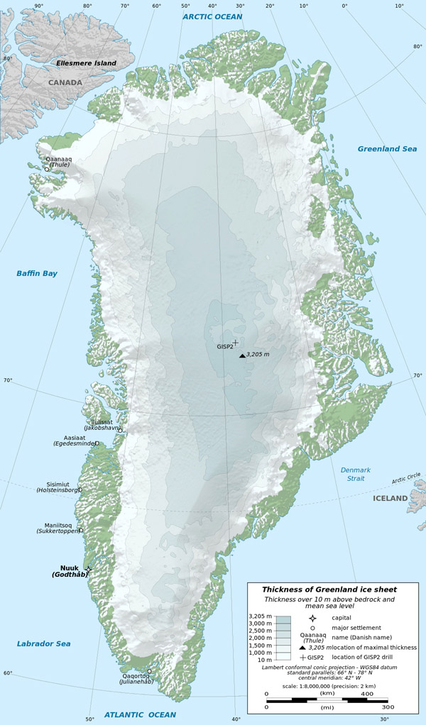 Large detailed physical map Greenland with cities.