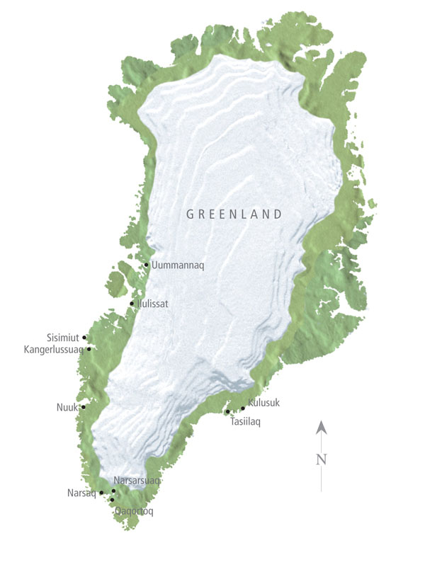 Large detailed relief map of Greenland with cities.