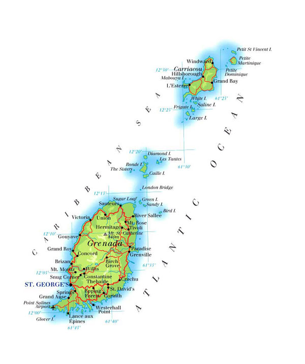 Detailed road and physical map of Grenada.