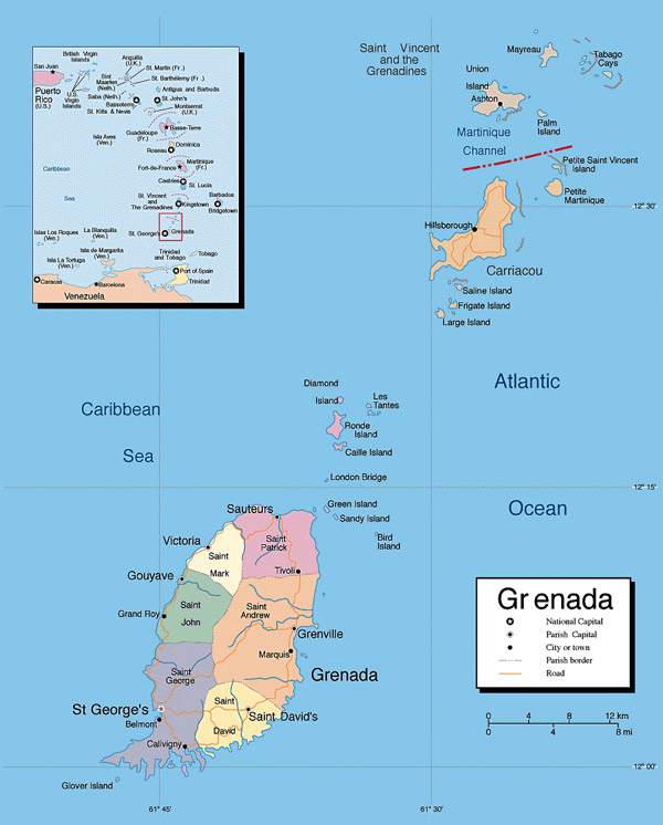 Large detailed political and administrative map of Grenada.