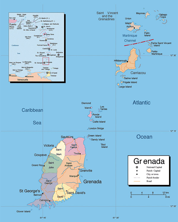 Large detailed political and administrative map of Grenada.