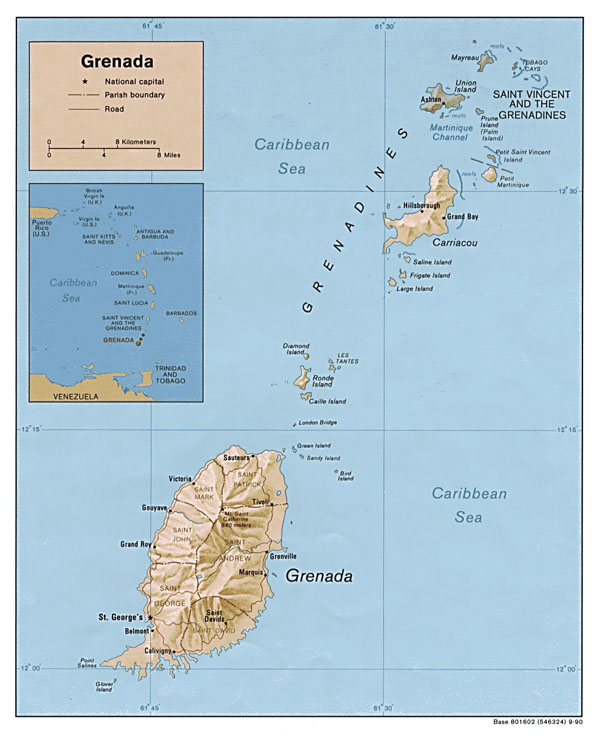 Large detailed relief and administrative map of Grenada.