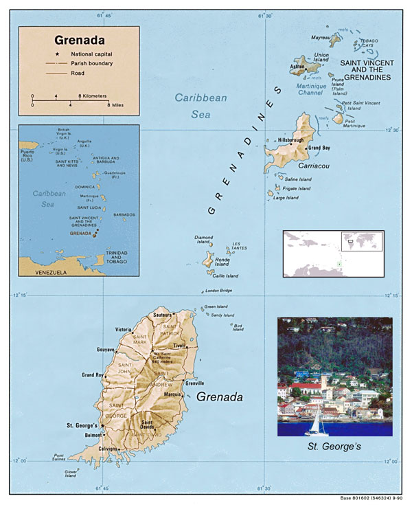 Large detailed relief and political map of Grenada.