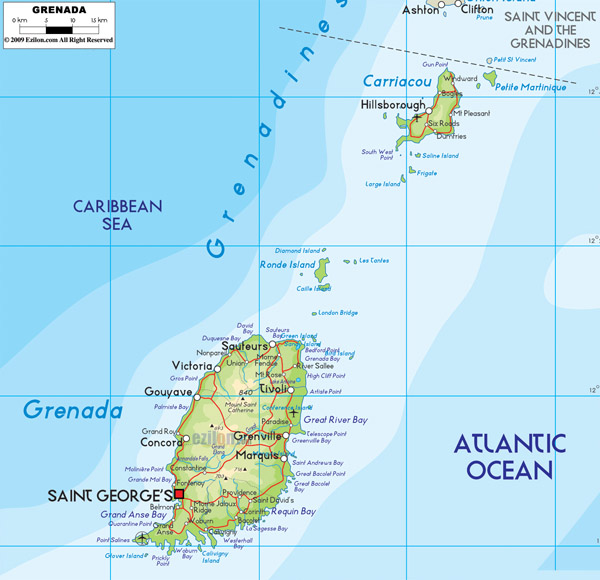 Large detailed road and physical map of Grenada.