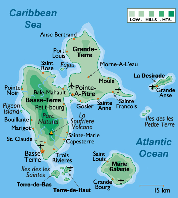 Detailed political and physical map of Guadeloupe.