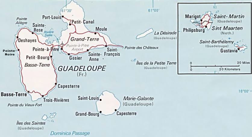 Detailed political and road map of Guadeloupe. Guadeloupe detailed