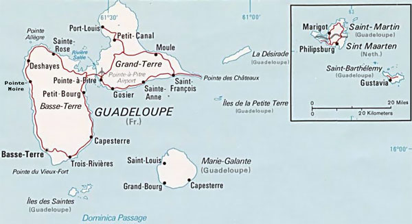 Detailed political and road map of Guadeloupe.