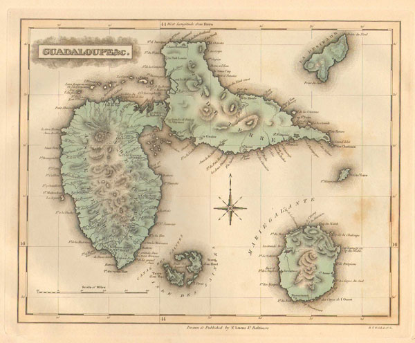 Large detailed old map of Guadeloupe. Guadeloupe large detailed old map.