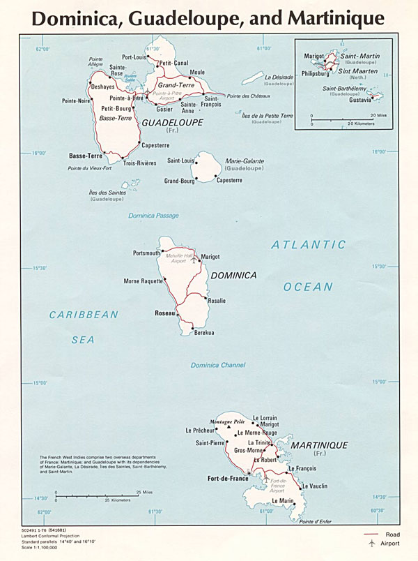 Large detailed political map of Guadeloupe, Martinique and Dominica.