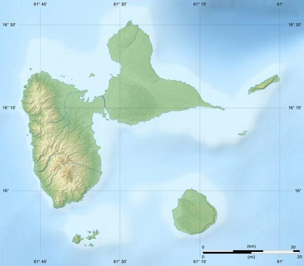 Large detailed relief map of Guadeloupe. Guadeloupe large detailed relief map.