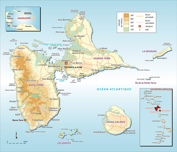 Large detailed road and physical map of Guadeloupe.