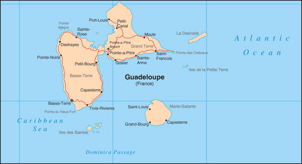 Road map of Guadeloupe with cities. Guadeloupe road map with cities.