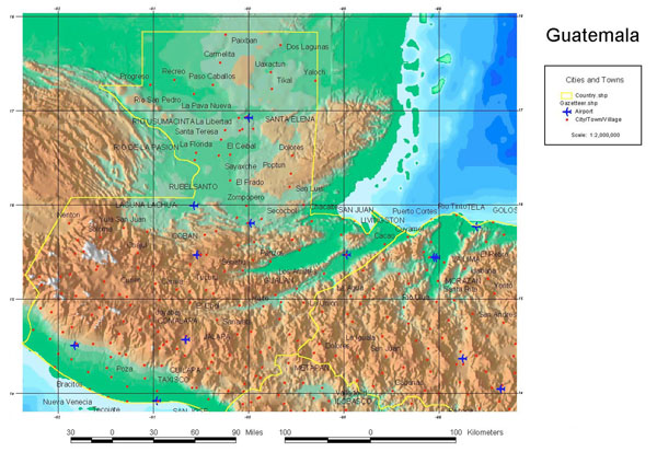 Guatemala cities and town detailed topographical map.