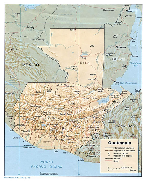 Detailed political and relief map of Guatemala.