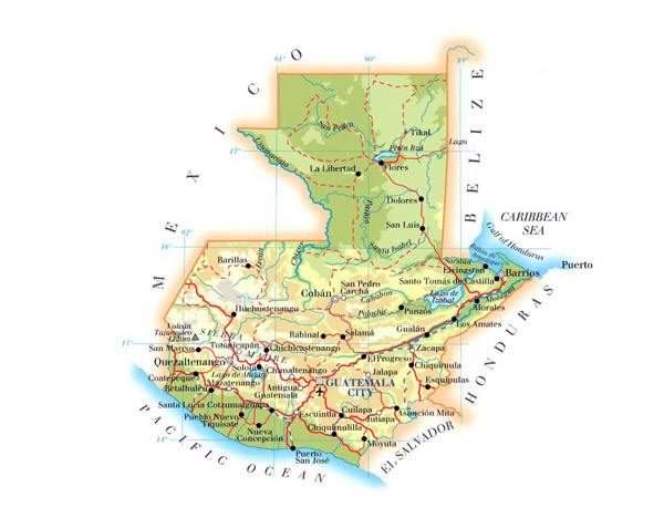 Detailed road and physical map of Guatemala.